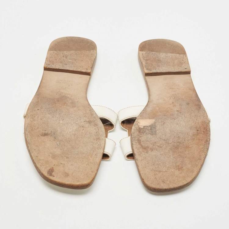 Pre Owned Hermes White Leather Oran Slide Sandals Size 40