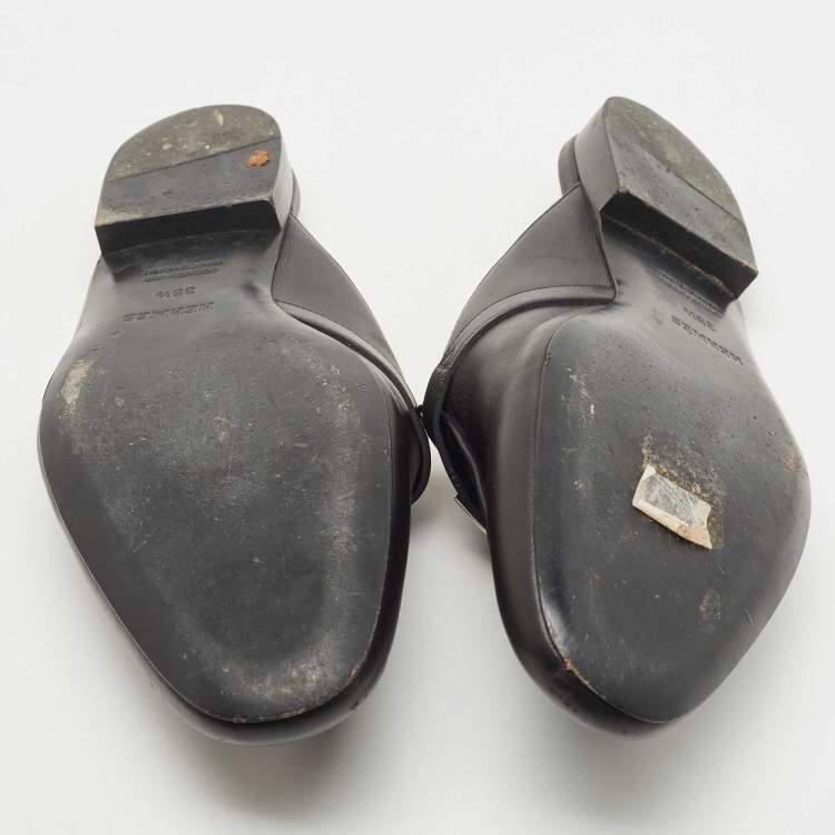 Pre Owned Hermes Black Leather Oz Flat Mules Size 38.5