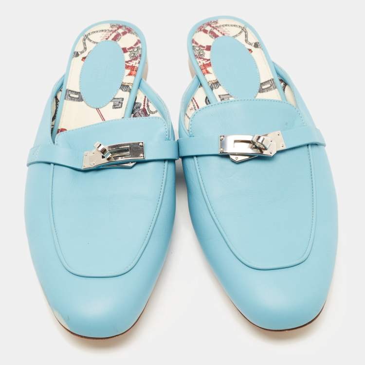 Pre Owned Hermes Blue Leather Oz Flat Mules Size 40