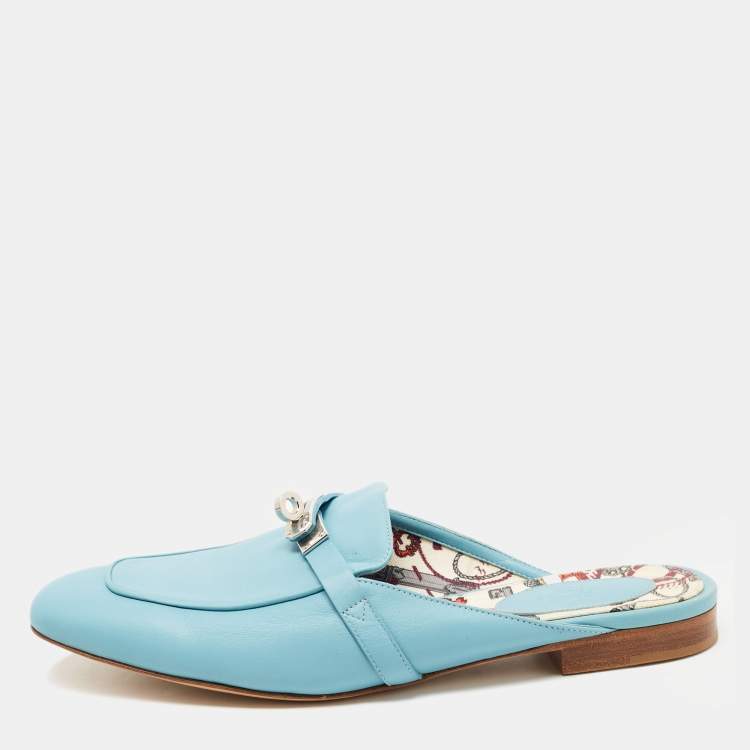 Pre Owned Hermes Blue Leather Oz Flat Mules Size 40