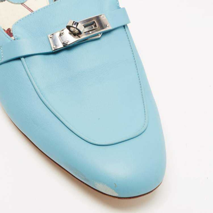 Pre Owned Hermes Blue Leather Oz Flat Mules Size 40