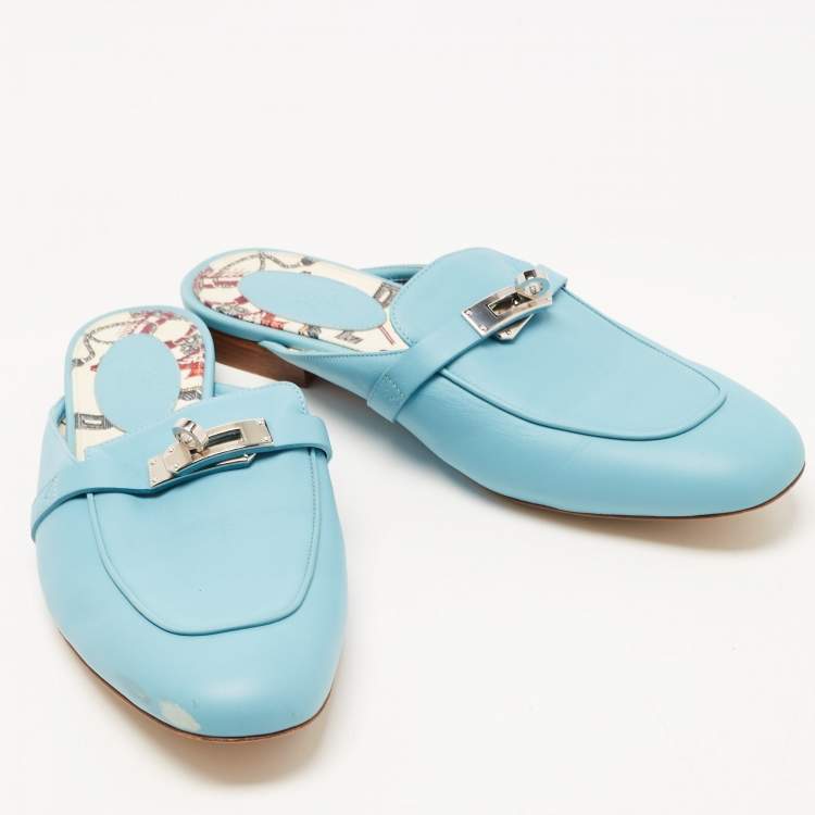 Pre Owned Hermes Blue Leather Oz Flat Mules Size 40