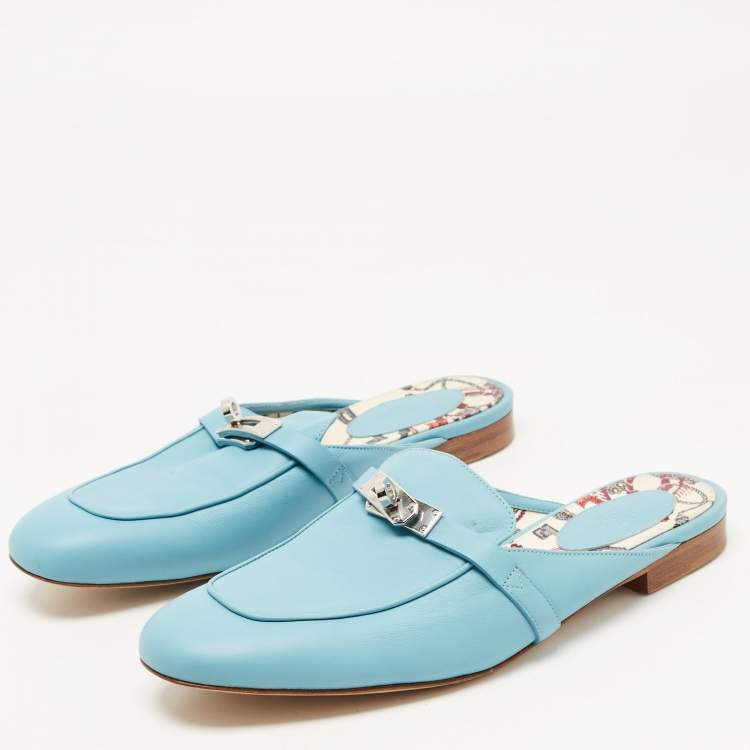 Pre Owned Hermes Blue Leather Oz Flat Mules Size 40