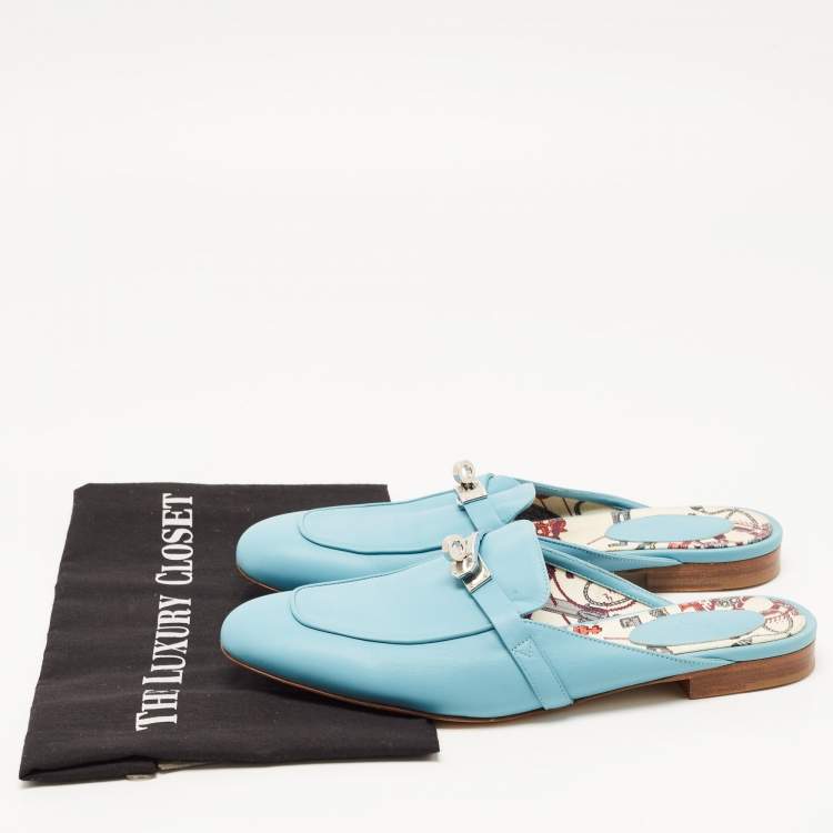 Pre Owned Hermes Blue Leather Oz Flat Mules Size 40