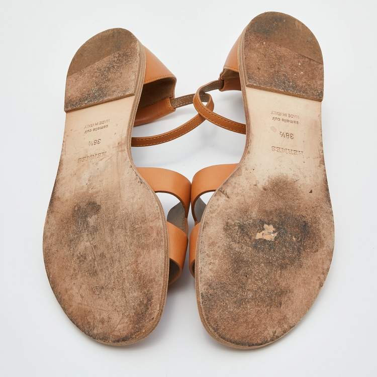 Pre Owned Hermes Brown Leather Santorini Ankle Strap Sandals Size 38.5