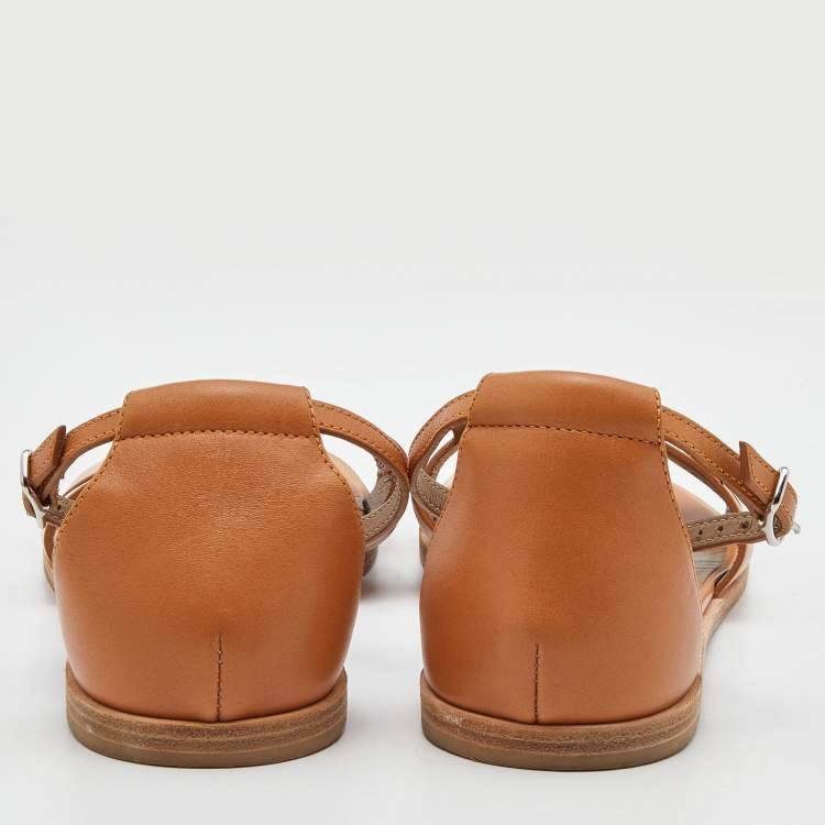 Pre Owned Hermes Brown Leather Santorini Ankle Strap Sandals Size 38.5