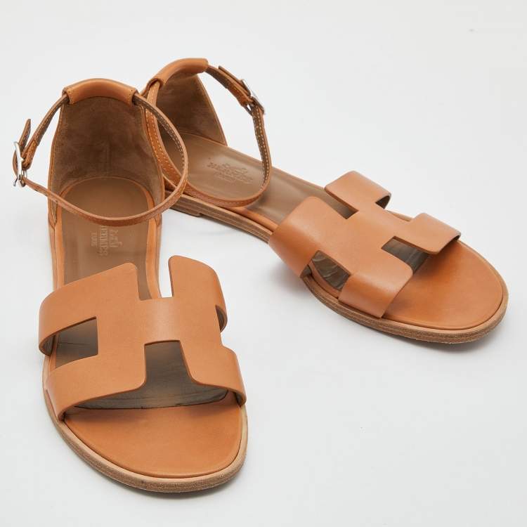 Pre Owned Hermes Brown Leather Santorini Ankle Strap Sandals Size 38.5