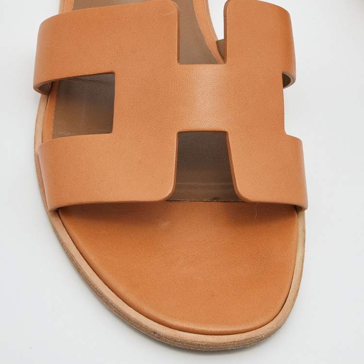 Pre Owned Hermes Brown Leather Santorini Ankle Strap Sandals Size 38.5