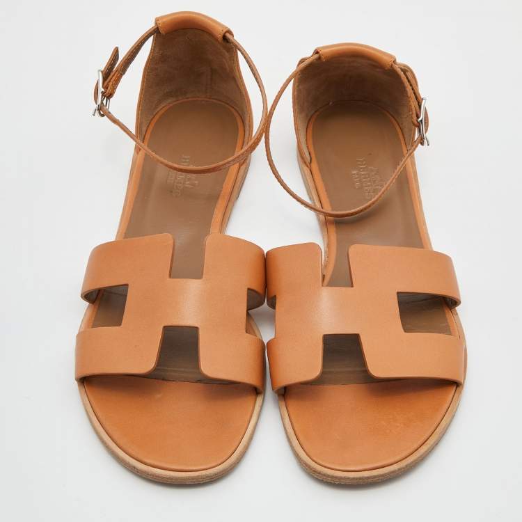 Pre Owned Hermes Brown Leather Santorini Ankle Strap Sandals Size 38.5
