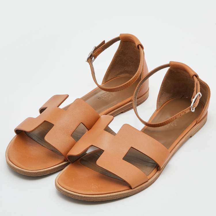 Pre Owned Hermes Brown Leather Santorini Ankle Strap Sandals Size 38.5