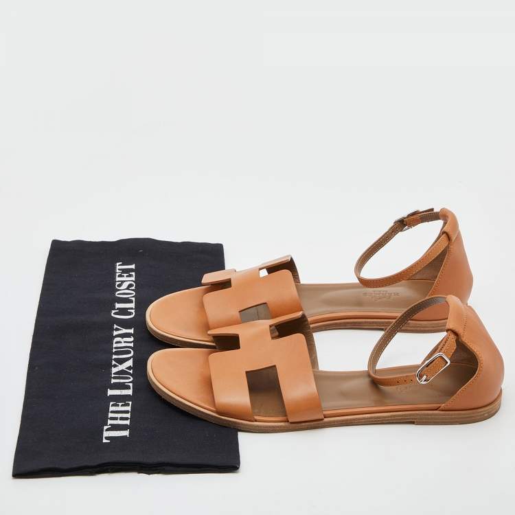 Pre Owned Hermes Brown Leather Santorini Ankle Strap Sandals Size 38.5