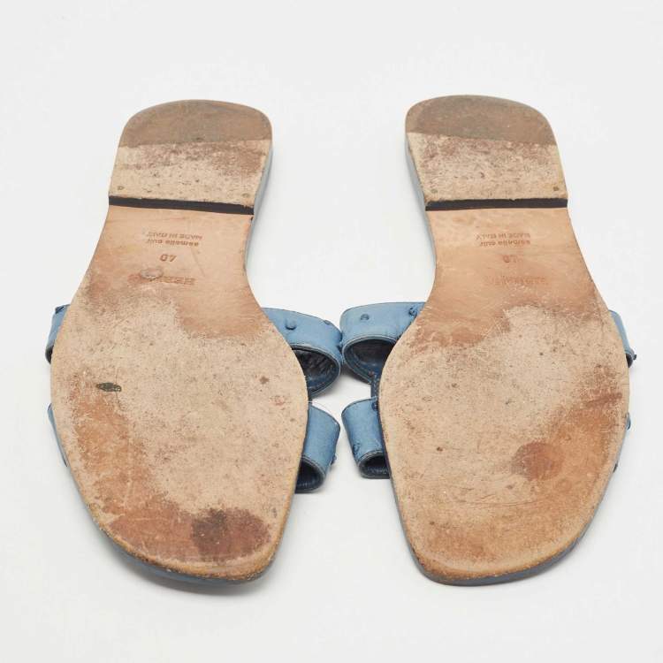 Pre Owned Hermes Blue Ostrich Leather Oran Flat Sandals Size 40