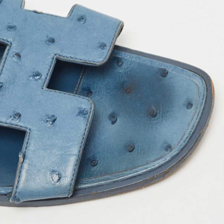 Pre Owned Hermes Blue Ostrich Leather Oran Flat Sandals Size 40