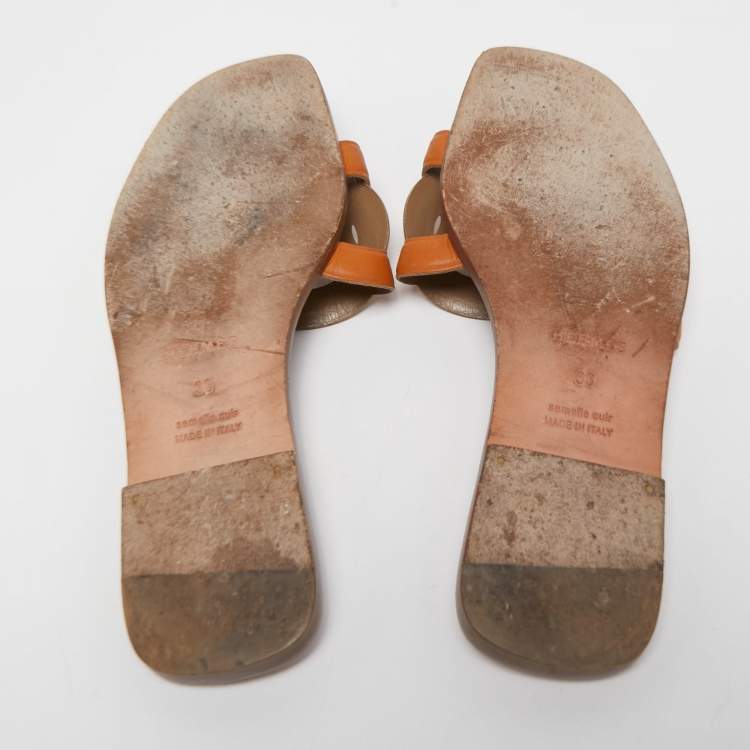 Pre Owned Hermes Tan Leather Omaha Flat Slides Size 36