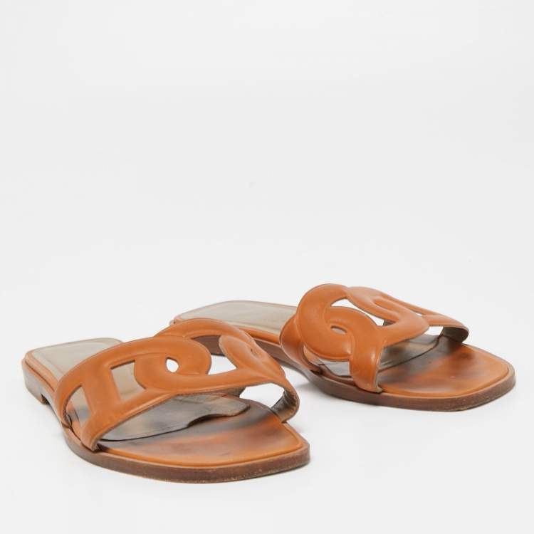 Pre Owned Hermes Tan Leather Omaha Flat Slides Size 36