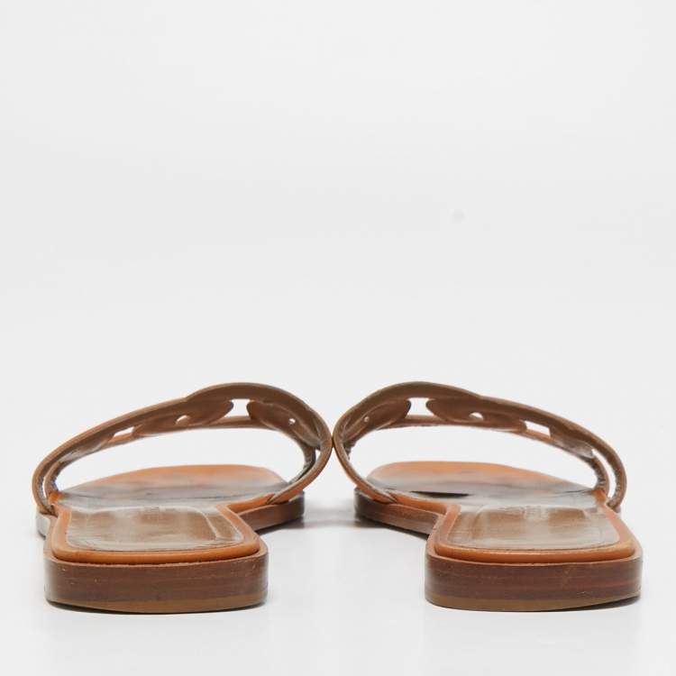 Pre Owned Hermes Tan Leather Omaha Flat Slides Size 36