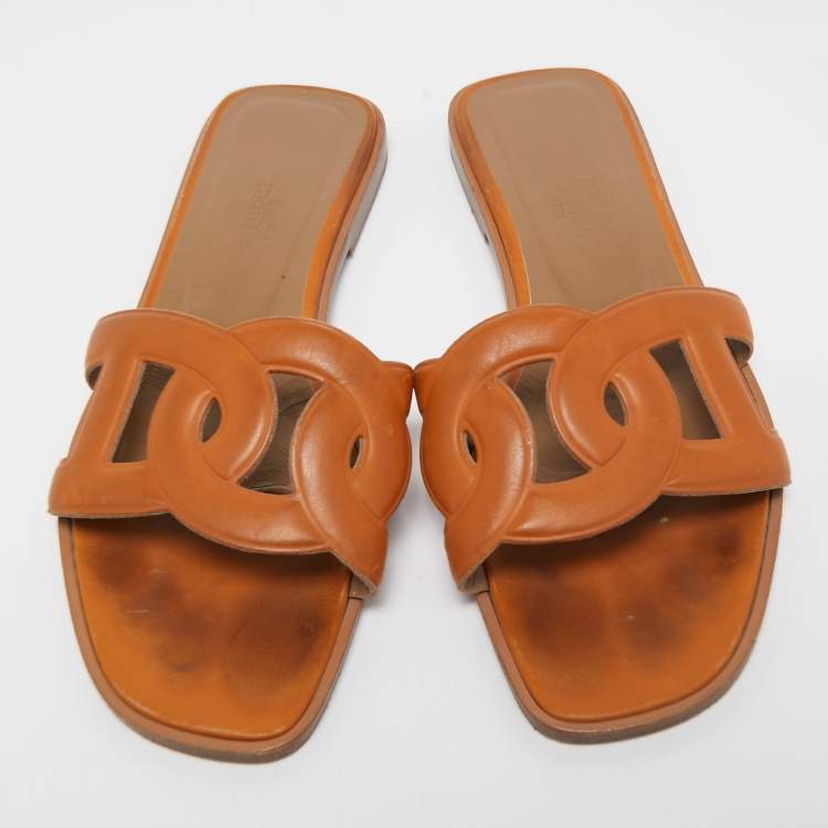 Pre Owned Hermes Tan Leather Omaha Flat Slides Size 36