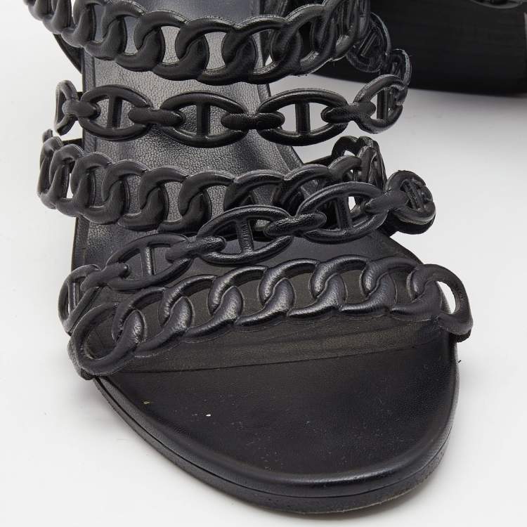 Pre Owned Hermes Black Leather Romanza Sandals Size 38