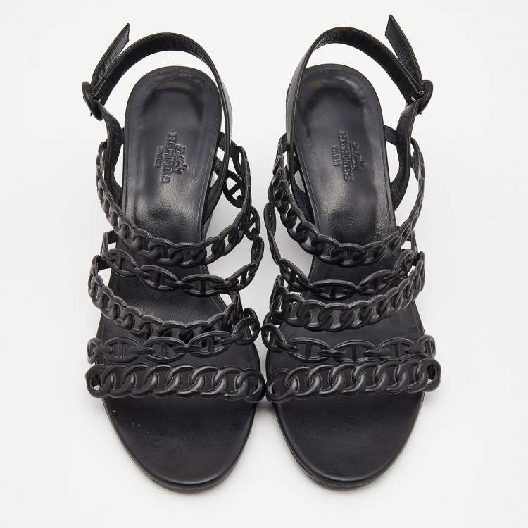 Pre Owned Hermes Black Leather Romanza Sandals Size 38