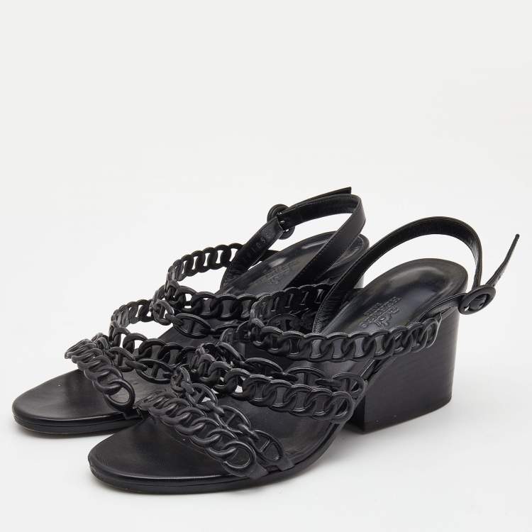 Pre Owned Hermes Black Leather Romanza Sandals Size 38