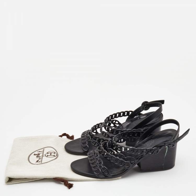 Pre Owned Hermes Black Leather Romanza Sandals Size 38