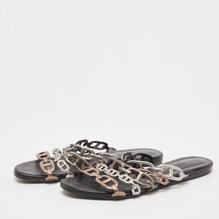 Pre Owned Hermes Tricolor Leather Thalassa Flat Slides Size 38