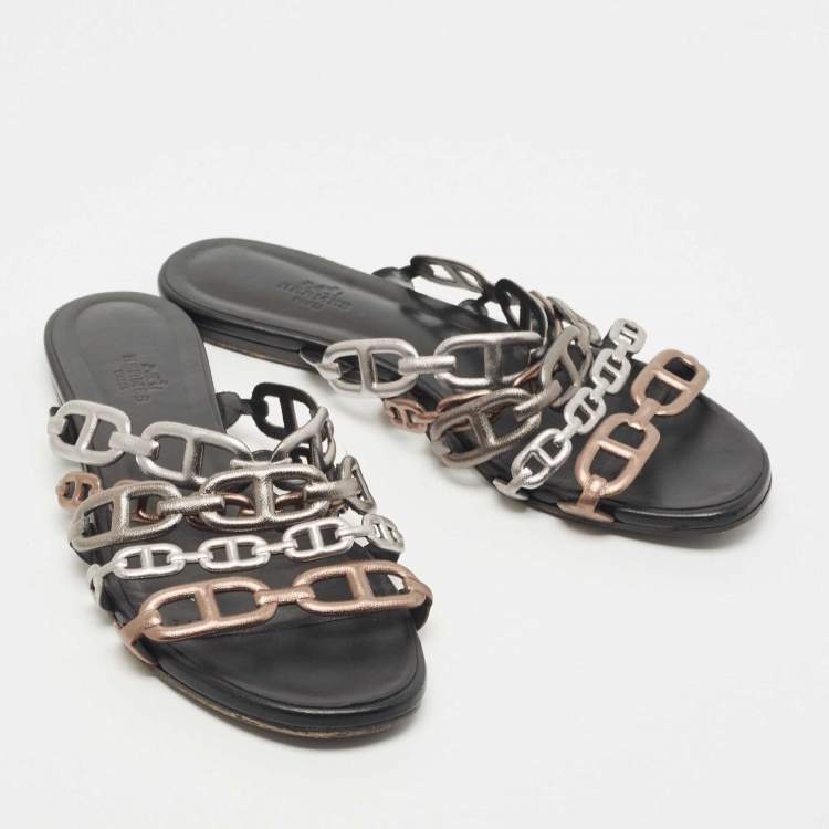 Pre Owned Hermes Tricolor Leather Thalassa Flat Slides Size 38