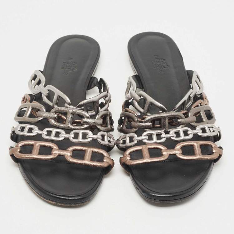 Pre Owned Hermes Tricolor Leather Thalassa Flat Slides Size 38
