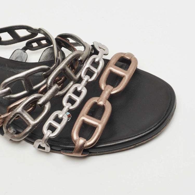 Pre Owned Hermes Tricolor Leather Thalassa Flat Slides Size 38