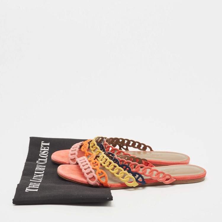 Pre Owned Hermes Multicolor Suede Thalassa Flat Slides Size 38