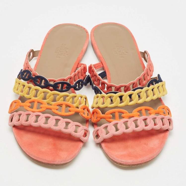 Pre Owned Hermes Multicolor Suede Thalassa Flat Slides Size 38