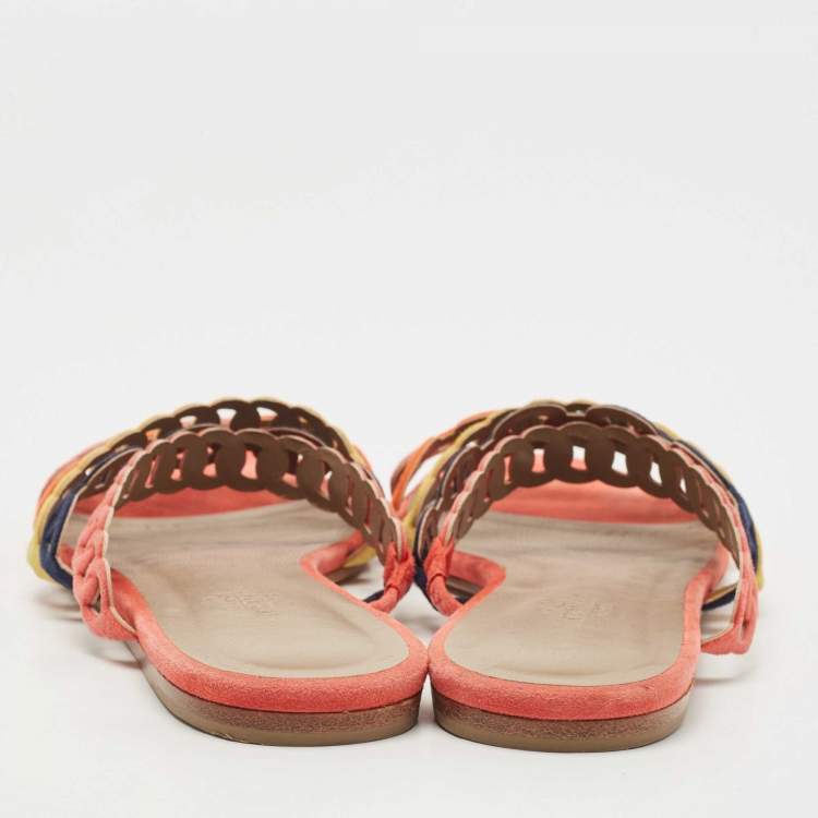 Pre Owned Hermes Multicolor Suede Thalassa Flat Slides Size 38