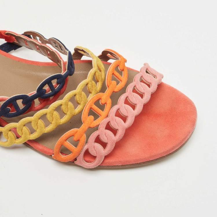 Pre Owned Hermes Multicolor Suede Thalassa Flat Slides Size 38