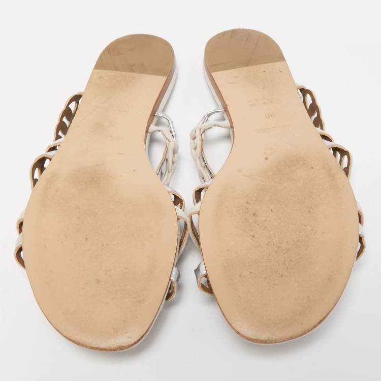 Pre Owned Hermes Silver/Beige Suede and Leather D'ancre Chaine Flat Slides Size 38