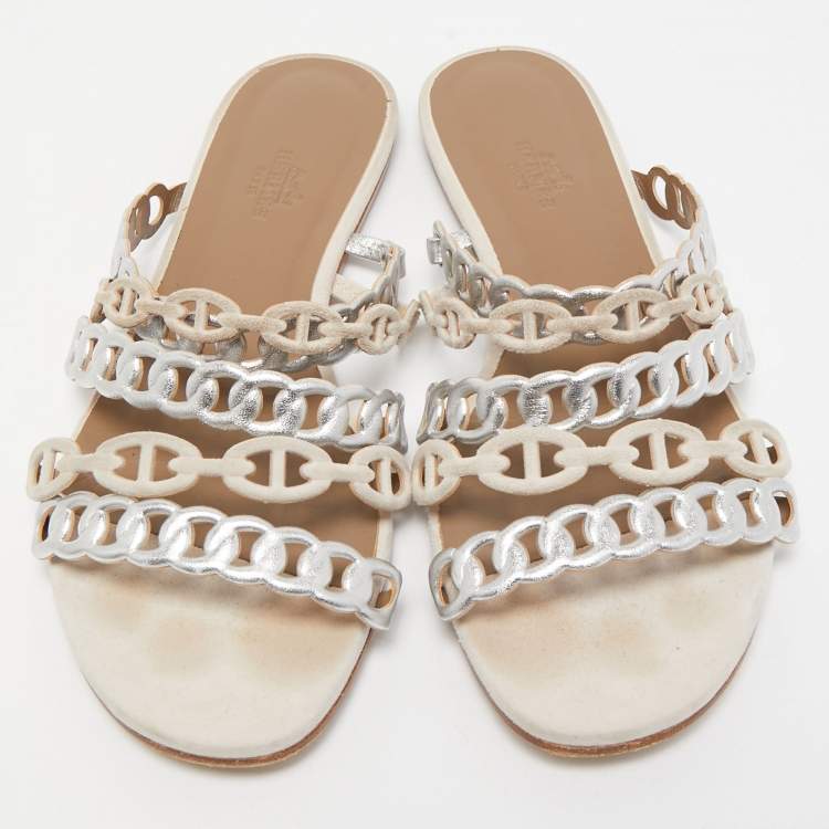Pre Owned Hermes Silver/Beige Suede and Leather D'ancre Chaine Flat Slides Size 38