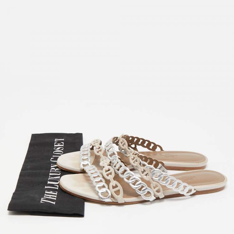 Pre Owned Hermes Silver/Beige Suede and Leather D'ancre Chaine Flat Slides Size 38
