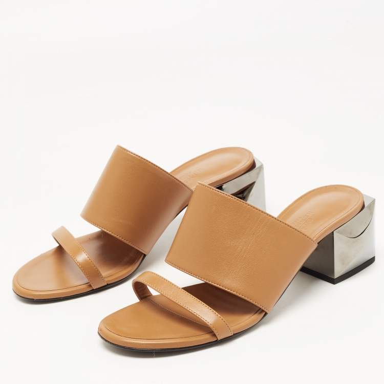 Pre Owned Hermes Brown Leather Block Heel Sandals Size 38