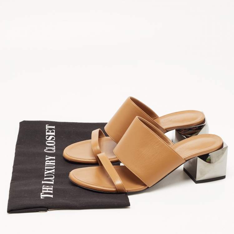 Pre Owned Hermes Brown Leather Block Heel Sandals Size 38