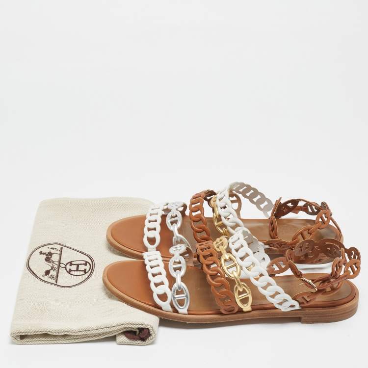 Pre Owned Hermès Tricolor Leather D'ancre Chaine Flat Sandals Size 36.5