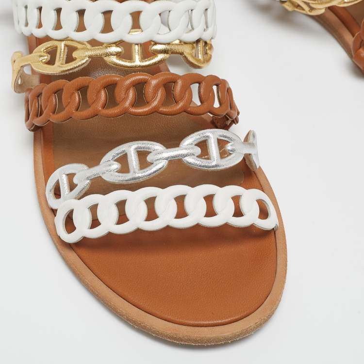 Pre Owned Hermès Tricolor Leather D'ancre Chaine Flat Sandals Size 36.5