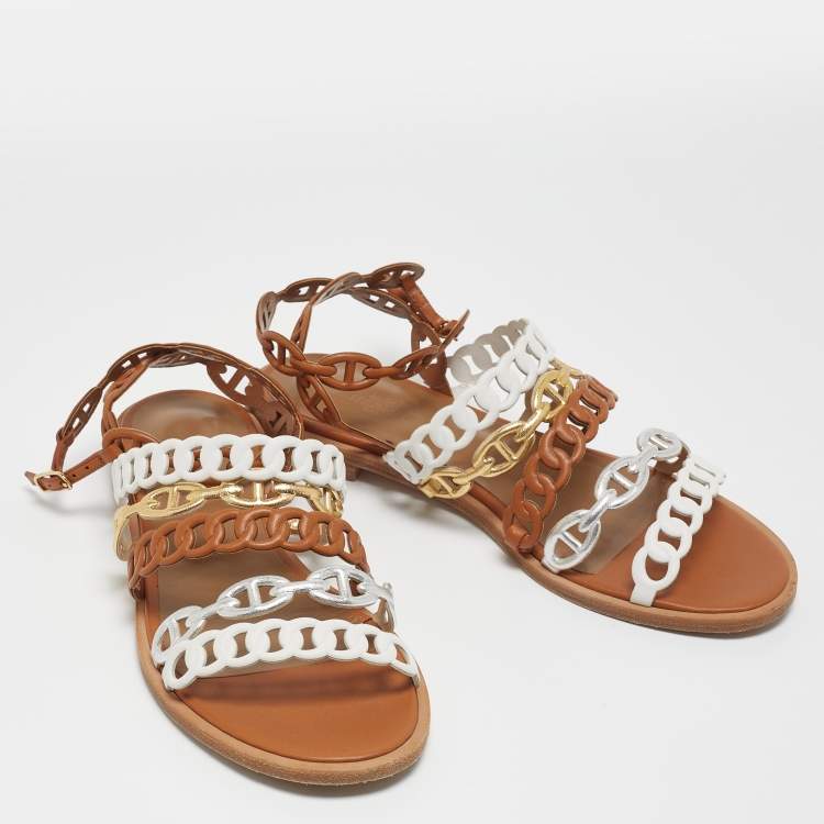Pre Owned Hermès Tricolor Leather D'ancre Chaine Flat Sandals Size 36.5