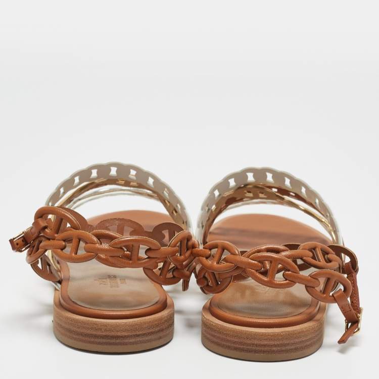 Pre Owned Hermès Tricolor Leather D'ancre Chaine Flat Sandals Size 36.5