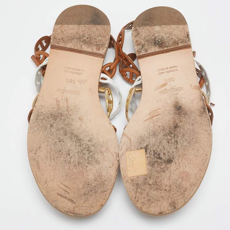 Pre Owned Hermès Tricolor Leather D'ancre Chaine Flat Sandals Size 36.5
