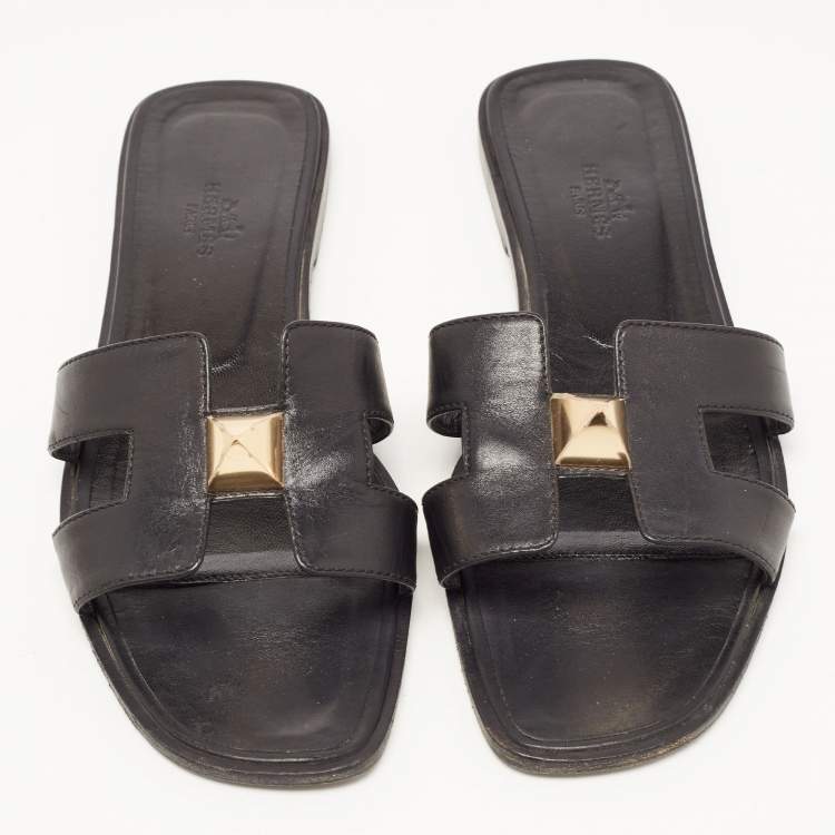 Pre Owned Hermes Black Leather Oran One Stud Flat Slides Size 38 