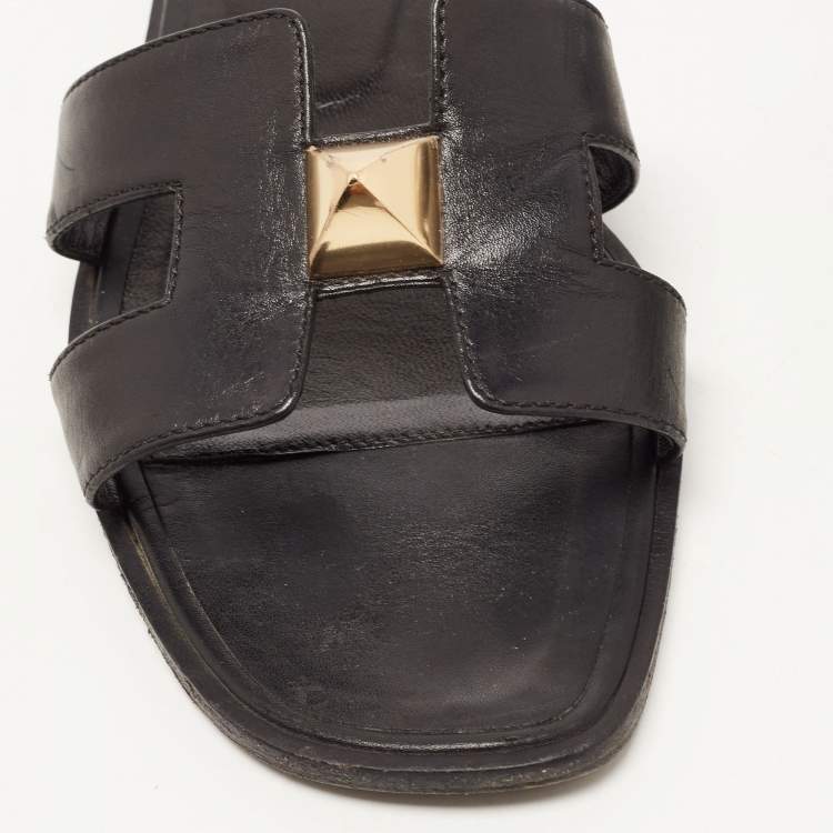 Pre Owned Hermes Black Leather Oran One Stud Flat Slides Size 38 