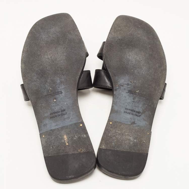 Pre Owned Hermes Black Leather Oran One Stud Flat Slides Size 38 