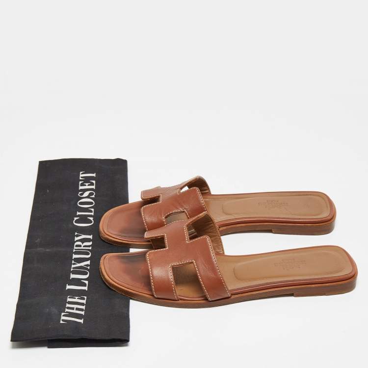 Pre Owned Hermes Brown Leather Oran Slides Size 36 
