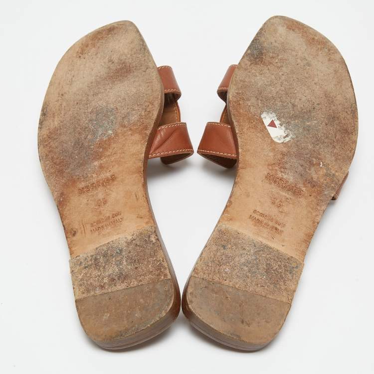 Pre Owned Hermes Brown Leather Oran Slides Size 36 