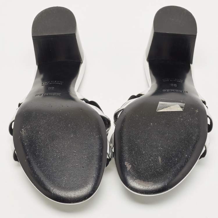Pre Owned Hermès Silver Leather Tandem Slide Sandals Size 38