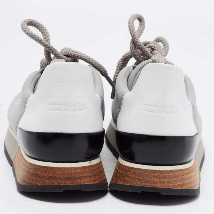 Pre Owned Hermes Grey/White Leather and Fabric Buster Sneakers Size 38